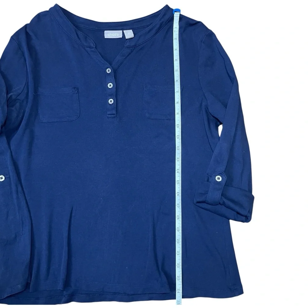 Chico’s Blue Relaxed Fit Henley Blouse | Mandarin Collar 3/4 Sleeve Casual Top